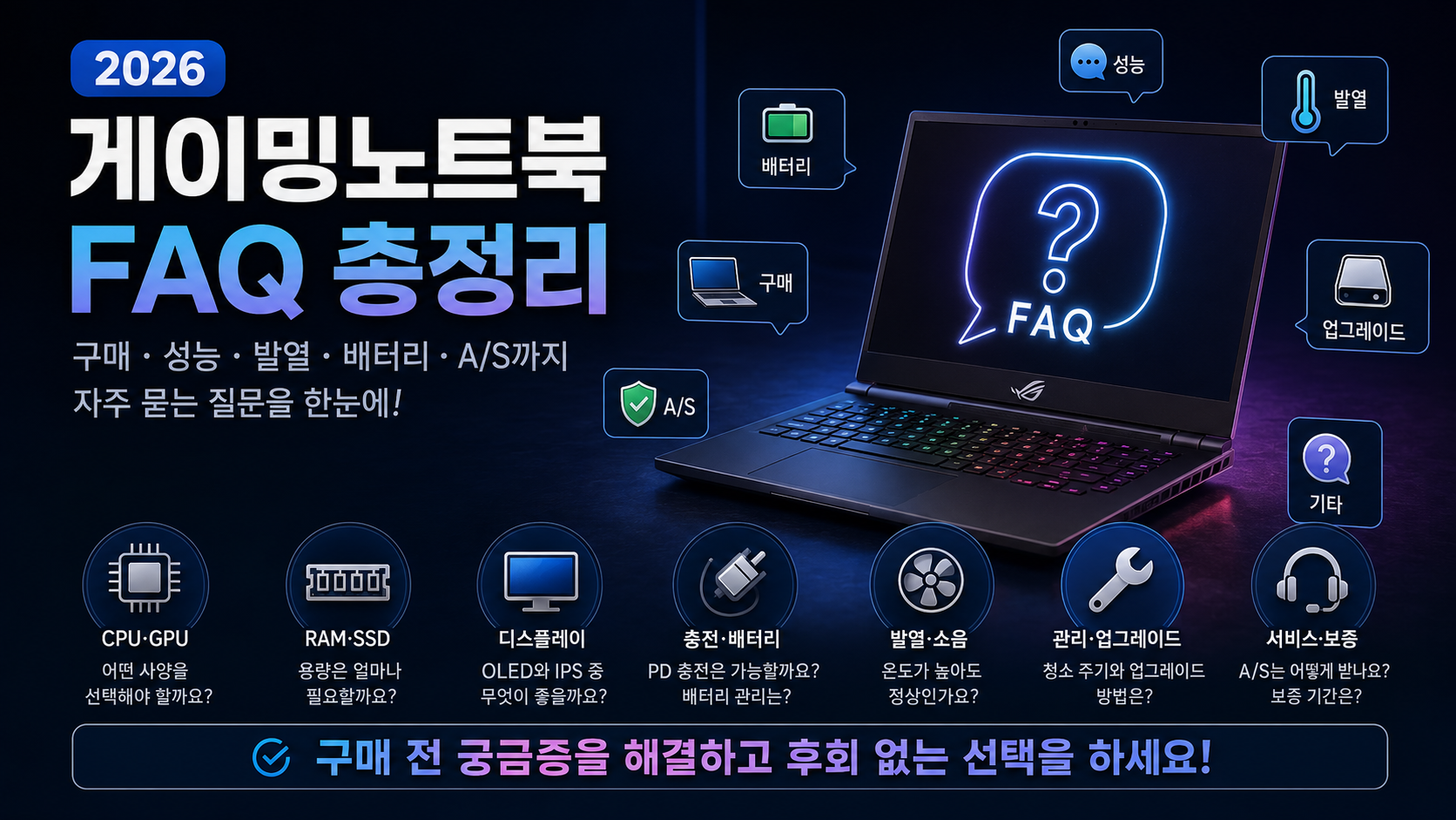 CPU와 GPU, RAM, 배터리, 발열, PD 충전과 A/S 질문을 정리한 2026 게이밍노트북 FAQ 대표 이미지