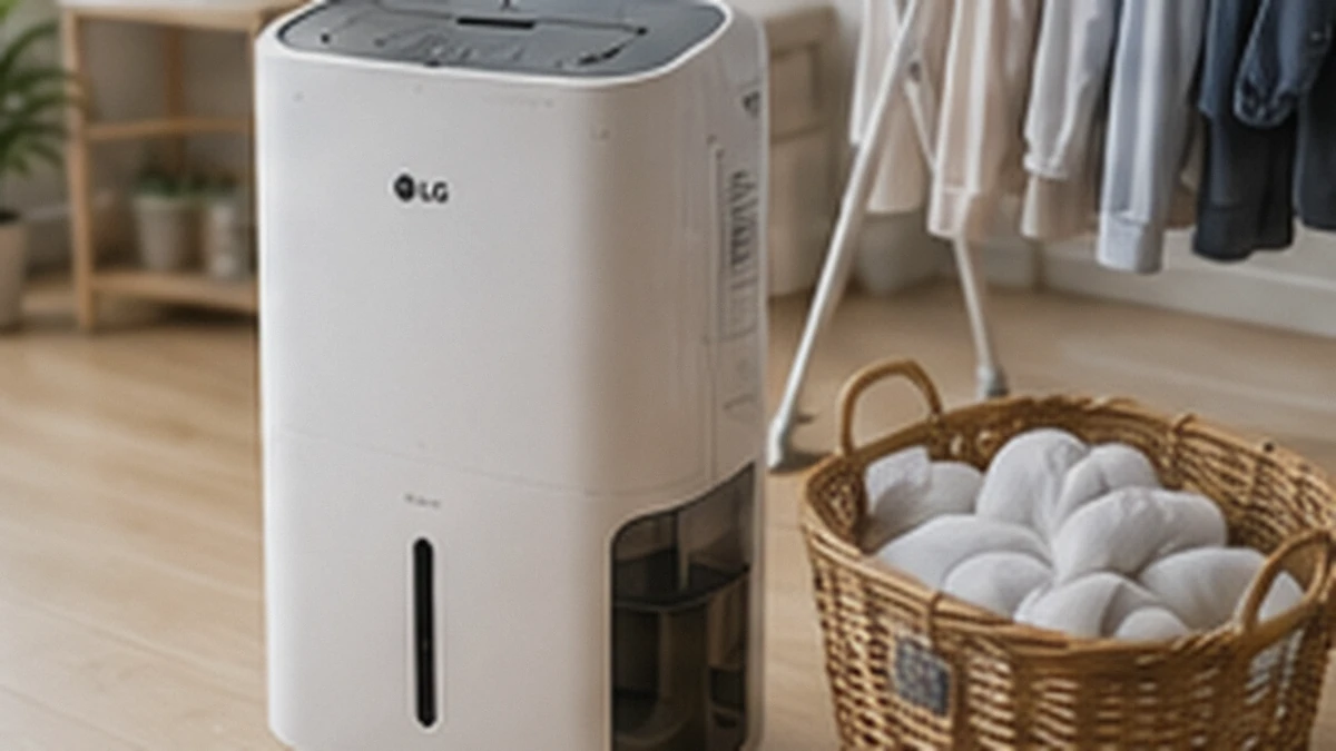 LG 제습기 25L 빨래 건조대 옆에 대용량 제습기를 놓고 사용하는 생활 환경